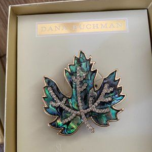 Dana Buchman Blue Teal Fall Leaf Rhinestone Brooch, New in Box